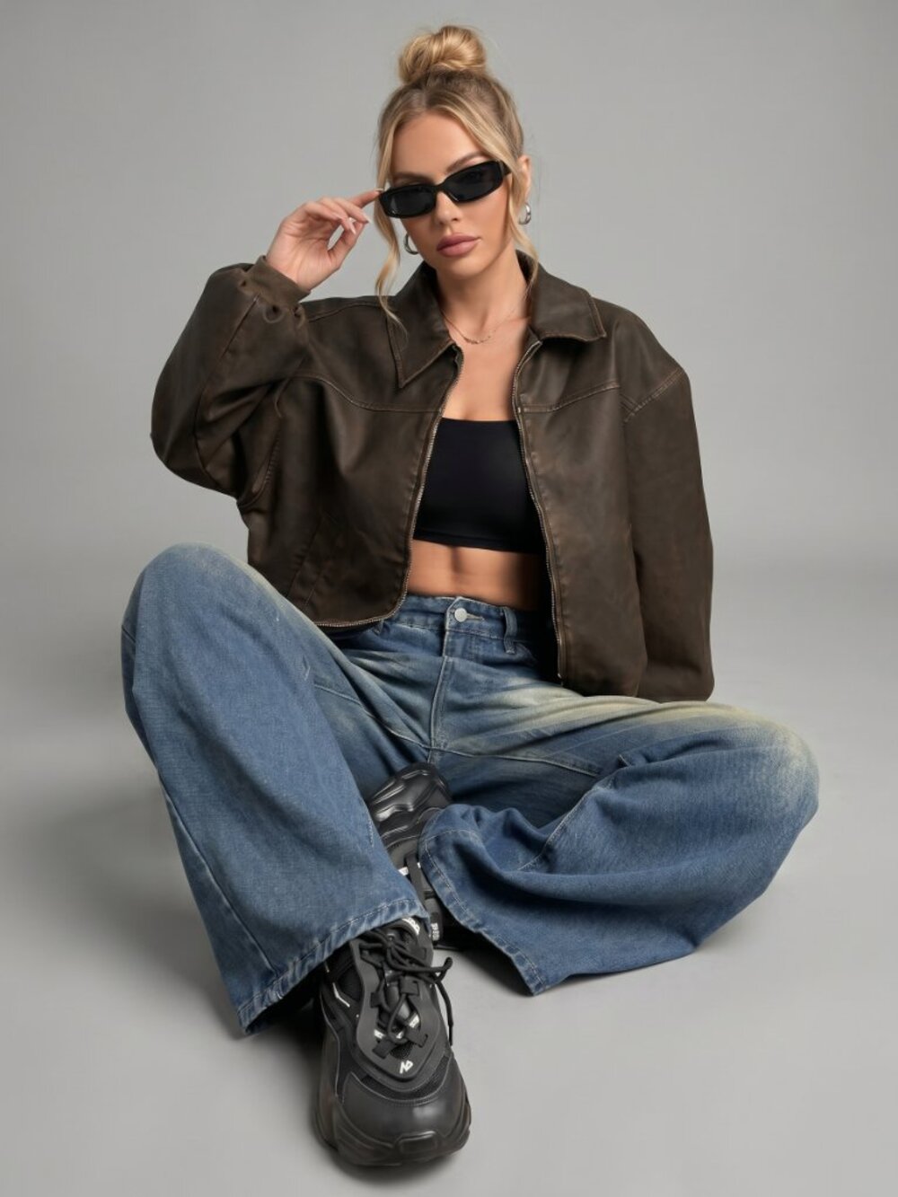Women Distressed Faux Leather Moto Jacket Vintage Oversized Streetwear Coat